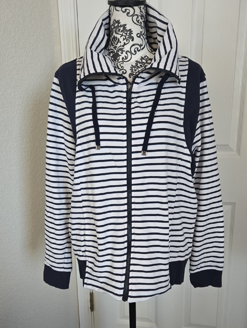 Laura Scott Navy and White Striped Zip Up with Pink Trim